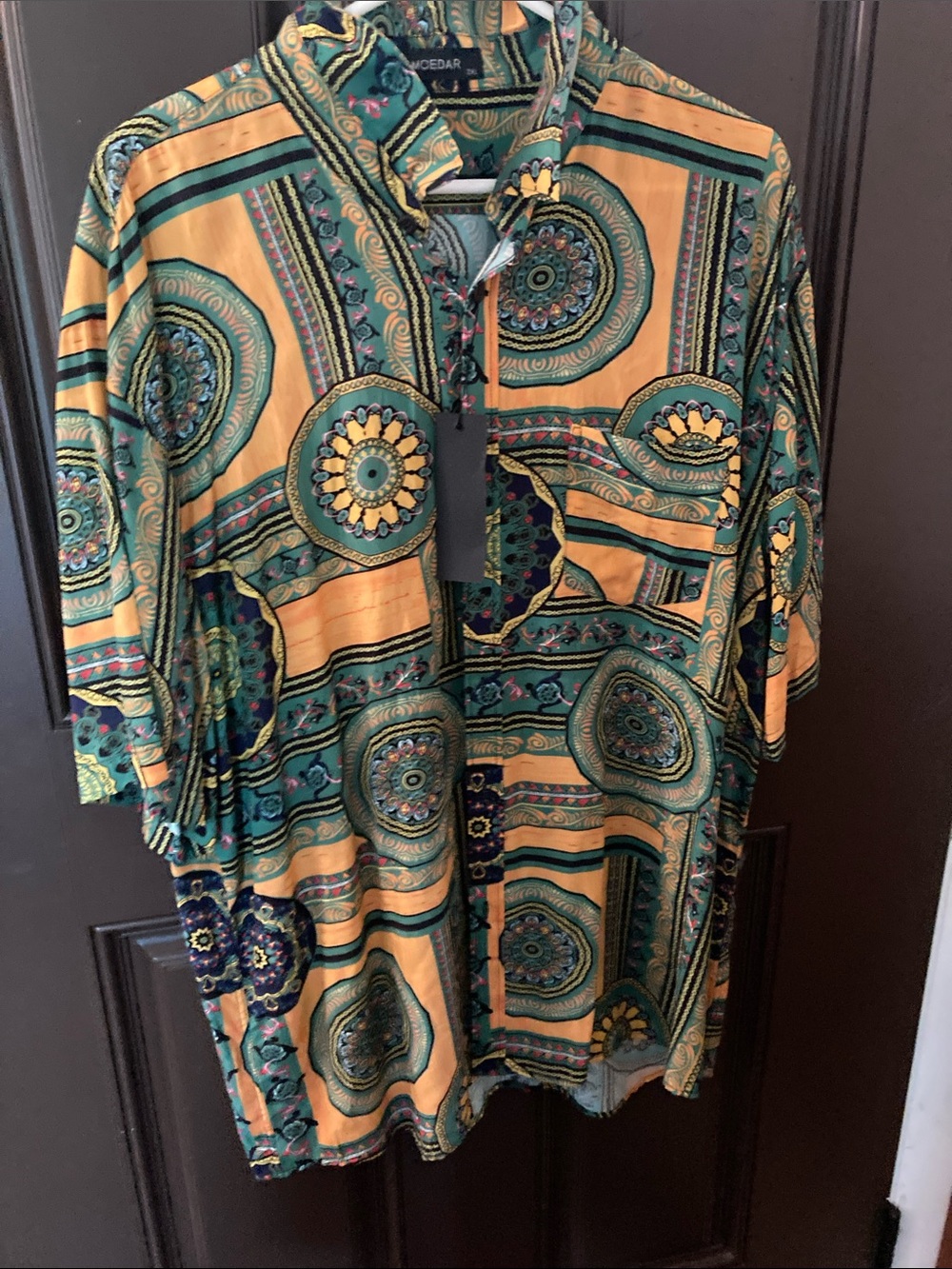 Men's Casual Button-Down Shirt — Teal & Mustard Printed Short Sleeve
